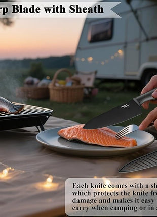 Kitchen Knife Set, KYA38 12-Piece Kitchen Knives Set with Covers, Marco Almond® 6 Knives with 6 Blade Guards, Stainless Steel Cooking Knives Set for Kitchen, Black