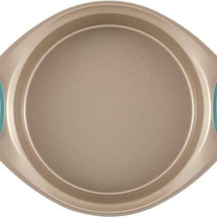 Rachael Ray 47578 Cucina Nonstick Bakeware Set with Grips Includes Nonstick Bread Pan, Baking Sheet, Cookie Sheet, Baking Pans, Cake Pan and Muffin Pan - 10 Piece, Latte Brown with Agave Blue Grips