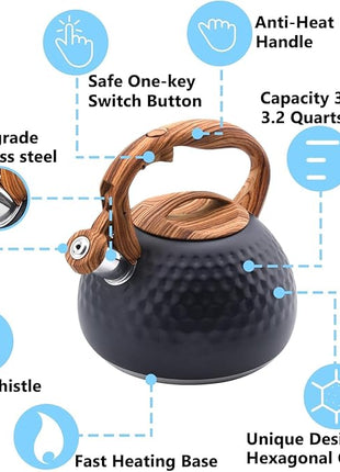 Tea Kettle Stovetop, 3.2 Qt Stainless Steel Whistling Kettle for Stove Top, Food Grade Teapot with Wood Pattern Handle for Coffee, Milk etc, Gas Electric Applicable (Black)