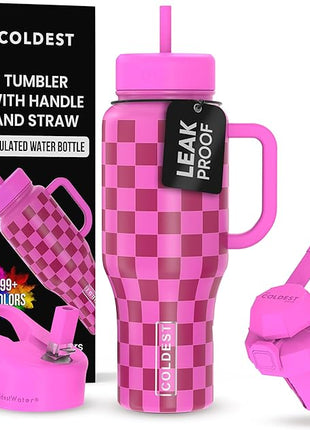 Coldest Tumbler with Handle and Straw, 100% Leak Proof Insulated Tumbler with Lid and Straw (3 Lids), Stainless Steel Tumblers for Women & Men, Cup Holder Friendly, 36 oz (Purple Checkers)