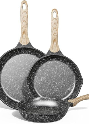 JEETEE Nonstick Frying Pans Set, Nonstick Omelette Skillet Set 3 Pcs, 8" 9.5" 11" Granite Non-Stick Frying pan with Bakelite Handle, Compatible with All Stovetops (Gas, Electric & Induction), Grey