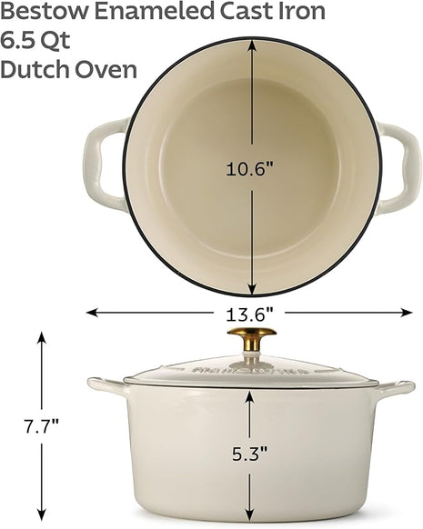 Tramontina Bestow Enameled Cast Iron Dutch Oven Pot with Lid, Round 6.5-quart, Latte (Gold Knob)