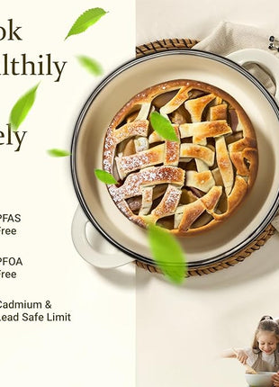 Overmont Enameled Cast Iron Dutch Oven - 7QT Pot with Lid Cookbook & Cotton Potholders - Heavy-Duty Cookware for Braising, Stews, Roasting, Bread Baking Cream White