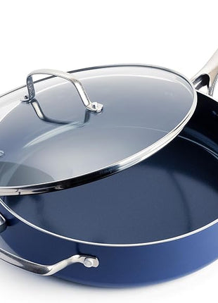 Blue Diamond 5QT Saute Pan with Lid, Non Toxic PFAS-Free Diamond Ceramic Nonstick, Dishwasher & Oven Safe, Metal Utensil Safe, Deep Jumbo Cooker Skillet with Helper Handle, Glass Lid, Blue