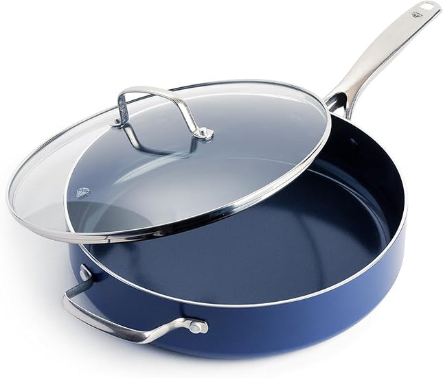 Blue Diamond 5QT Saute Pan with Lid, Non Toxic PFAS-Free Diamond Ceramic Nonstick, Dishwasher & Oven Safe, Metal Utensil Safe, Deep Jumbo Cooker Skillet with Helper Handle, Glass Lid, Blue