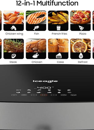 Iceagle Stainless Steel Air Fryer 9 Quart - Airfryer XXL with Large Viewing Window, Dual Heating Elements, 12-in-1 Function to Roast, Bake, Broil, Defrost, Reheat, Dishwasher-Safe Parts, 1700W, Siver