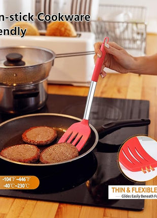 Silicone Spatula Set of 2, E-far Solid & Slotted Turner for Nonstick Cookware, Heat Resistant Rubber Kitchen Cooking Utensils for Flipping Fish Pancake Egg - Red