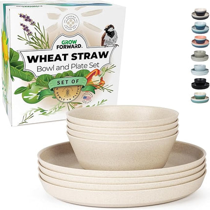 Grow Forward Premium Wheat Straw Plates and Bowls Sets - 8-Piece Wheat Straw Dinnerware Sets - Unbreakable & Reusable Microwave Safe Plastic Dinner Plates for Outdoors, RV, Camping Dishes - Sahara