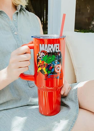 Silver Buffalo Marvel Avengers Stainless Steel Tumbler with Handle and Straw Featuring Captain America, Thor, Hulk, Iron Man, Black Widow, and Spiderman, Fits in Standard Cup Holder, 40 Ounces