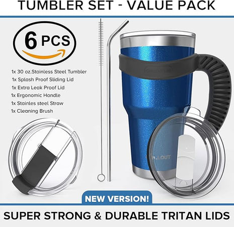 CHILLOUT LIFE Stainless Steel Travel Mug with Handle 30 oz – 6 Piece Set. Tumbler with Handle, Straw, Cleaning Brush & 2 Lids. Double Wall Insulated Large Coffee Mug Bundle (Blue Sparkle)