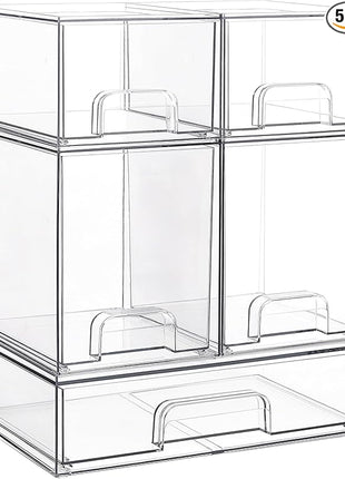 Vtopmart Stackable Storage Drawers Set of 5, Clear Plastic Organizer Bins for Beauty Supplies,Ideal for Vanity, Bathroom,Cabinet,Pantry Organization