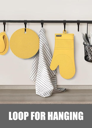 Rorecay Oven Mitts and Pot Holders Sets 6pcs, Extra Long Kitchen Silicone Oven Gloves Heat Resistant 500 Degrees Non-Slip Potholders Hot Pads for Baking Cooking, Quilted Liner, Samoan Sun