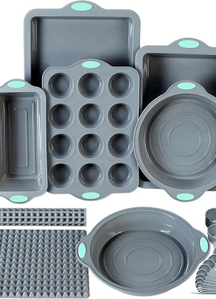To encounter 8 in 1 Silicone Baking Set - 6 Cake Molds - 2 Silicone Baking Mat, Nonstick Cookie Sheet, Cake Muffin Bread Pan with Grips and Metal Reinforced Frame More Strength, Light Grey