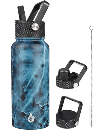 BJPKPK Insulated Water Bottles with Straw Lid, 32oz Metal Large Water Bottle with 3 Lids, Reusable Leak Proof BPA Free Thermo, Stainless Steel Tumblers for Sports, Gym, Travel-Ocean