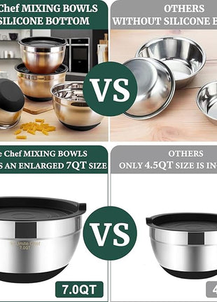 Umite Chef Mixing Bowls with Airtight Lids，6 piece Stainless Steel Metal Nesting Storage Bowls, Non-Slip Bottoms Size 7, 3.5, 2.5, 2.0,1.5, 1QT, Great for Mixing & Serving(Black)