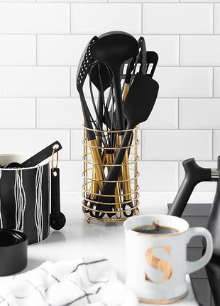 Black and Gold Kitchen Utensils Set with Stainless Steel Holder – 18-Piece Nylon Cooking Utensils with Measuring Cups and Spoons – Stylish Gold Kitchen Accessories for Baking and Cooking