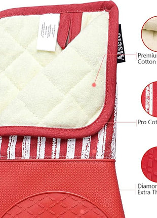 Silicone Oven Mitts Heat Resistant 932℉ with Waterproof & Non-Slip Kitchen Mittens, Set of 2 Extra Long Oven Gloves with Soft Cotton Terry Lining for Baking Cooking Barbecue (2, Red Mitts)