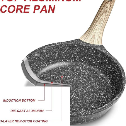 Caannasweis Nonstick Granite Frying Pan Skillet, Non Stick Omelette Fry Pans, Omelet Egg Pan, Stone Cookware Chef's Pan, Induction Compatible, PFOA Free (Gray, 9.5 Inch with Lid)