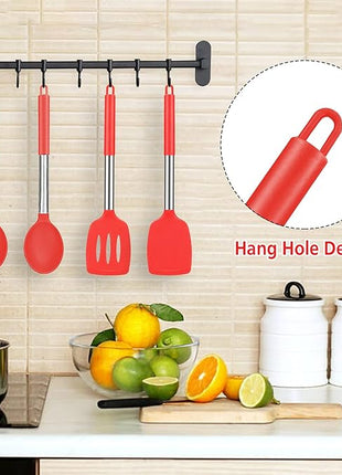 Pack of 4 Large Silicone Cooking Spatulas and Spoons, Slotted and Solid Stainless Steel Cooking Utensils Set, Non-stick Heat Resistant Kitchen for Baking, Fried, Stir-Fry, Mixing, Serving (Red)