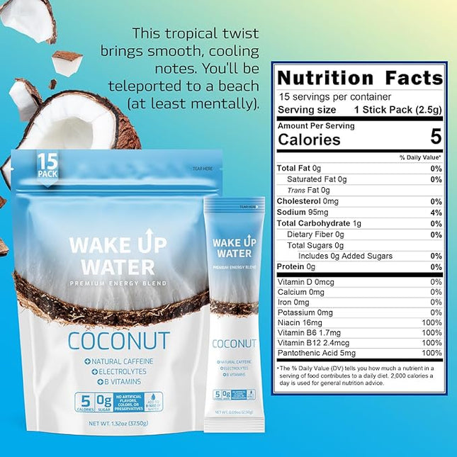 Wake Up Water Energy Drink Mix, Sugar Free Clean Energy Powder with Electrolytes & B Vitamins, Natural Caffeine for Focus & Hydration (15 Pack) - Coconut