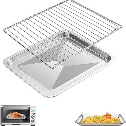 Air Fryer Baking Pan & Grill Rack Set for Breville Countertop Oven BOV845BSS, 14''×11.6''&11.77''×11.77', Nonstick Stainless Steel Set 360°Heating Grilling Oven Accessories for Family Cooking