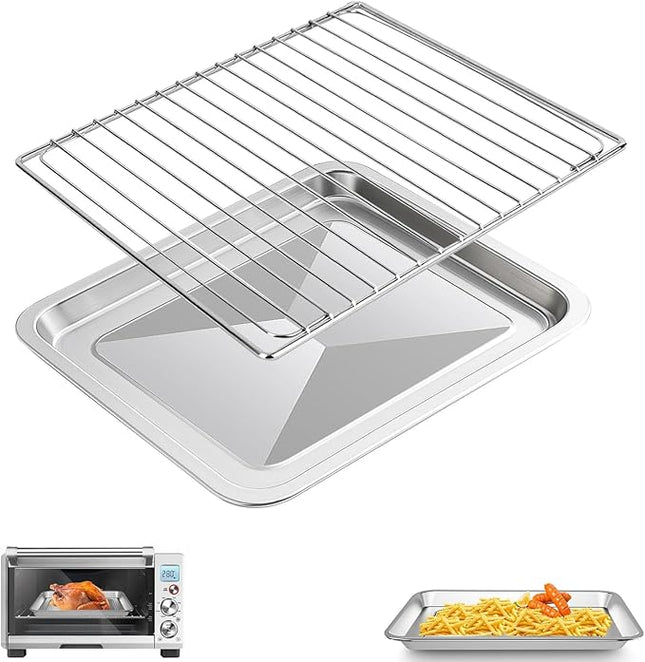 Air Fryer Baking Pan & Grill Rack Set for Breville Countertop Oven BOV845BSS, 14''×11.6''&11.77''×11.77', Nonstick Stainless Steel Set 360°Heating Grilling Oven Accessories for Family Cooking
