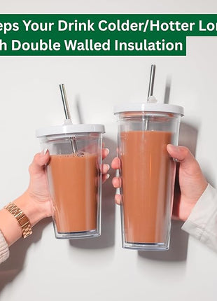 Reusable Iced Coffee Cup (16 Oz/Grande), Leak Proof and Double Wall Insulated Iced Coffee Tumbler, Come with Reusable Plastic and Metal Straws and Straw Cleaner - White