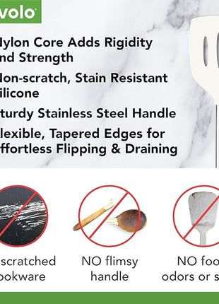 Tovolo Silicone Slotted Turner With Stainless Steel Handle, Pancake Spatula, Scratch-Resistant Kitchen Utensil for Nonstick Cookware & Cast Iron Skillets, White, 1 Count