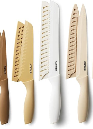 CAROTE 12 Pieces Kitchen Knife Set, Stainless Steel Knife Set With Nonstick Ceramic Coating, Dishwasher Safe with 6 Blade Guards, Rustproof, Brown