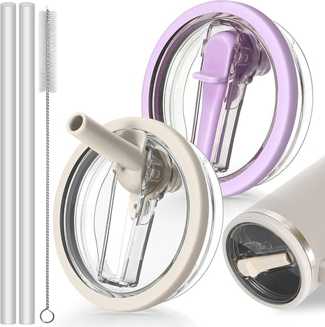 2 Pack Leak Proof Lid for 30oz Stanley H2.0 Quencher,No Spill Flip Straw Lid Replacement for Stanley Cup Accessories 30oz Tumbler Lid Replacement Straw Cover Cap for Stanley Lids(Cream,Purple)