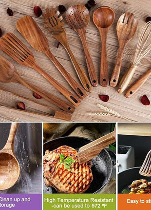 10 Pack Wooden Utensils for Cooking, Wood Utensil Set for Kitchen, Teak Wooden Spoon for Cooking, Non-Stick Spatula Ladle
