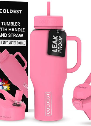 Coldest Tumbler with Handle and Straw, 100% Leak Proof Insulated Tumbler with Lid and Straw (3 Lids), Stainless Steel Tumblers for Women & Men, Cup Holder Friendly, 36 oz (Pink Perfection)