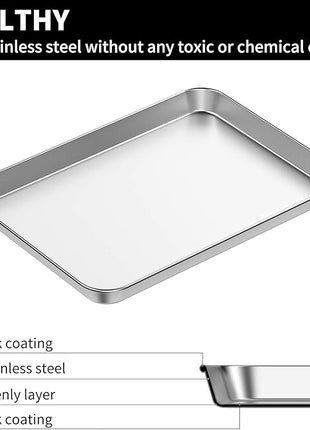 Baking Sheets 2 Pieces, Bastwe Cookie Sheets Set Stainless Steel Baking Pans Toaster Oven Tray Pans, Rectangle Size 12 × 10 × 1 inch, Rustproof & Healthy & Easy Clean & Dishwasher Safe