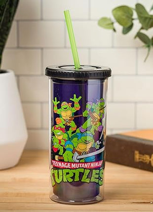Silver Buffalo Teenage Mutant Ninja Turtles TMNT Featuring Leonardo, Raphael, Donatello, and Michelangelo Plastic Tall Cold Cup with Lid and Straw, 20 Ounces