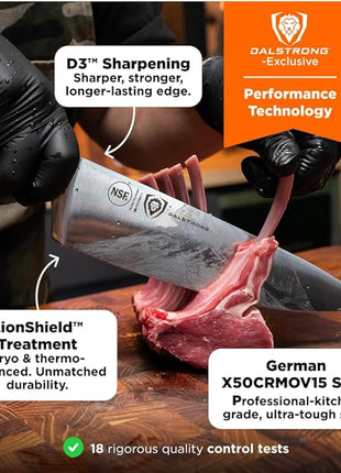 DALSTRONG Chef Knife - 8 inch Blade - Gladiator Series ELITE - Forged HC German Steel Chef's Knife - Razor Sharp Kitchen Knife - Professional Full Tang Knife - Black G10 Handle - Sheath -NSF Certified