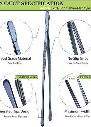 JETKONG 2 Pcs 14-Inch Cooking Tweezer Tongs Extra- Long Stainless Steel Kitchen Tweezers Plating Tongs (Navy Blue)
