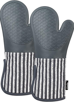 Silicone Oven Mitts Heat Resistant 932℉ with Waterproof & Non-Slip Kitchen Mittens, Set of 2 Extra Long Oven Gloves with Soft Cotton Terry Lining for Baking Cooking Barbecue