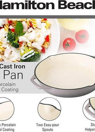 Hamilton Beach Enameled Cast Iron Fry Pan 12-Inch Gray, Cream Enamel coating, Skillet Pan For Stove top and Oven, Even Heat Distribution, Safe Up to 400 Degrees, Durable
