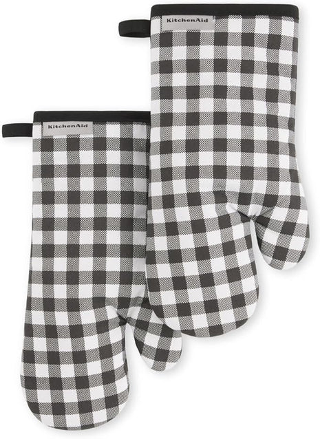 KITCHENAID Gingham Oven Mitt 2-Pack Set, Matte Black, 7"x13"