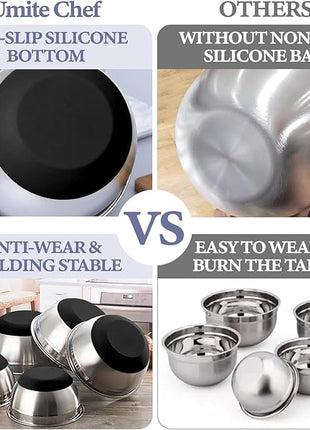 Umite Chef Mixing Bowls with Airtight Lids, 8PCS Stainless Steel Nesting Mixing Bowls Set, 3 Grater Attachments & Non-Slip Bottoms, Black Kitchen Bowls, Size 5, 4, 3.5, 2, 1.5QT for Baking & Serving