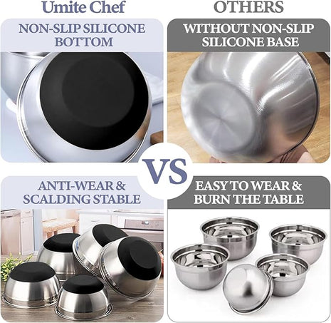 Umite Chef Mixing Bowls with Airtight Lids, 8PCS Stainless Steel Nesting Mixing Bowls Set, 3 Grater Attachments & Non-Slip Bottoms, Black Kitchen Bowls, Size 5, 4, 3.5, 2, 1.5QT for Baking & Serving