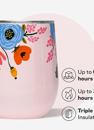 Corkcicle Stemless Insulated Wine Glass Tumbler - Keeps Beverages Cold 6 Hrs Hot 3 Hrs - Stainless Steel - Easy-Grip - Gift for Mom - Great for Mother's Day or Christmas - 12 oz - Blush Lively Floral