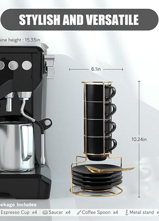 Lareina 3-Ounce Espresso Cups Set of 4, Small Stackable Coffee Cups with Saucers, Spoons and Metal Stand, Ceramic Demitasse Mugs, Espresso Accessories for Machine, Black