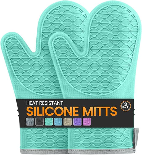 Silicone Oven Mitts, Heat Resistant 2PCS Oven Mitts with Soft Cotton Lining, Waterproof Non-Slip Grip Oven Glove, Kitchen Potholder Mits for BBQ, Baking, Cooking, 12.5 Inch - Green