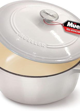 Mueller 6qt Enameled Cast Iron Dutch Oven, Heavy-Duty Casserole and Braiser Pan with Lid and Knob, Oven-Safe up to 500° F & Across All Cooktops, White
