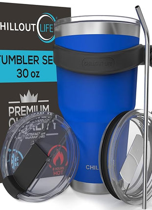 Stainless Steel Travel Mug with Handle 30 oz - 6 Piece Set. Tumbler with Handle, Straw, Cleaning Brush & 2 Lids. Double Wall Insulated Large Coffee Mug Bundle - Royal Blue Powder Coat Tumbler