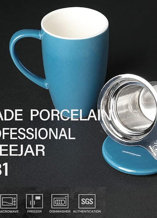 Sweejar Porcelain Tea Infuser Mug with Lid, 16 oz Teacup with Strainers for Loose Leaf Tea, Microwave and Dishwasher Safe Coffee Mug(Fog blue)