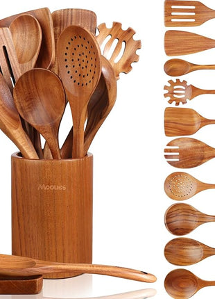 12 Piece Wooden Spoons for Cooking, Wooden Utensils for Cooking with Utensils Holder, Natural Teak Wooden Kitchen Utensils Set with Wooden Spoon Rest, Comfort Grip