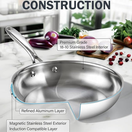 Cooks Standard Stainless Steel Frying Pan with Lid, 10-Inch Multi-Ply Clad Wok Stir Fry Pan, Kitchen Skillet, Silver