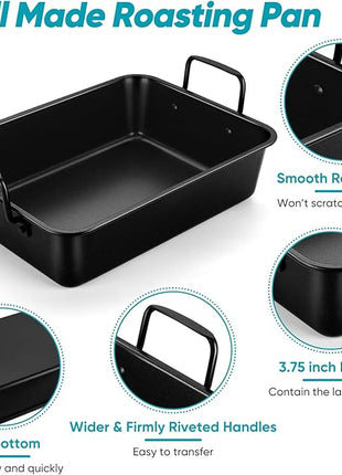 TeamFar Roasting Pan, 16’’ Nonstick Deep Lasagna Brownie Turkey Pan with V-Shaped Rack & Cooling Rack, with Stainless Steel Core & Nonstick Coating, Healthy & Sturdy Handles, Easy to Clean, Set of 3